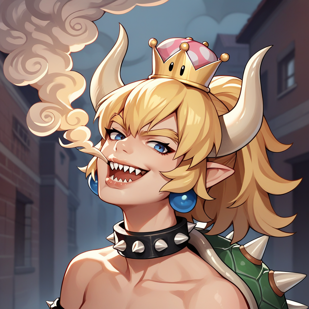 score_9, score_8_up, score_7_up, score_6_up, score_5_up, score_4_up, source_anime,rating_questionable, solo, outdoors,cowboy shot, looking at viewer, pursed lips, puckered lips bowsette, spiky teeth, smirk, <lora:Breathing_Smoke:0.8> smk3br34th, smoke, open mouth, exhaling smoke, curling smoke, smoke wisps, smoke in mouth,