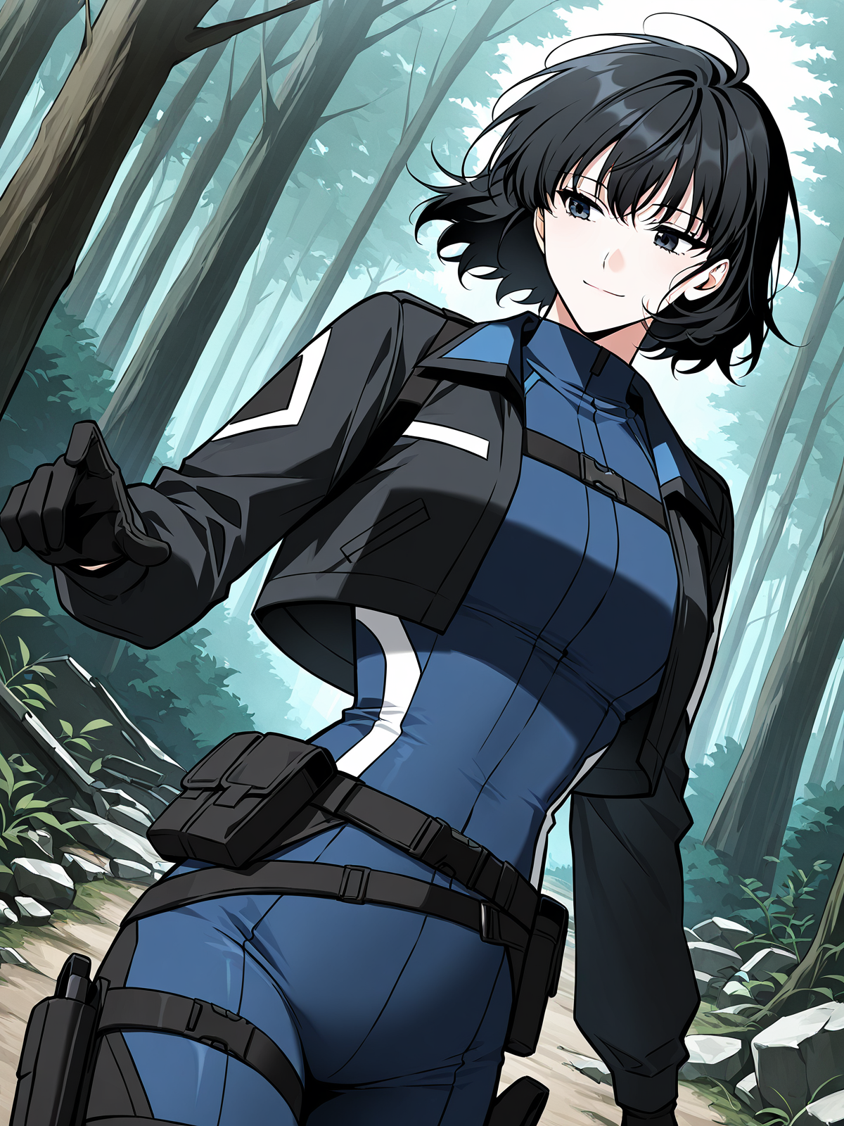 <lora:Omniscient Reader's Viewpoint _ Han Sooyoung_epoch_7:1>
1 girl, solo, short hair, messy hair, black hair, black eyes, 
blue bodysuit, black short jacket, tactical outfit, long black boots, utility belt, black gloves, holster on thigh, white and black accents, skin-tight suit, 
score_9, score_8_up, score_7_up, very aesthetic, source_anime, detailed, high quality, beautiful, masterpiece, detailed eyes, forest, tree, ruins, cowboy shot, dynamic angle, upper body, light smile, dynamic pose