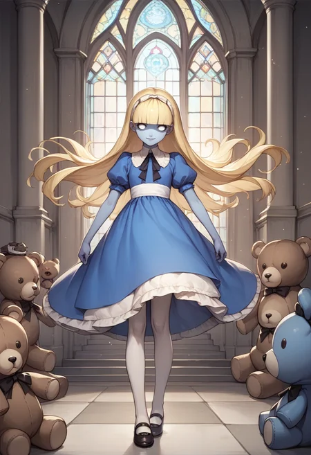 score_9, score_8_up, score_7_up, source_anime, 1girl, evil smile, <lora:zs_AliceXL:1> alicesmt, dress, long hair, blonde hair, floating hair, hairband, blunt bangs, puffy sleeves, blue dress, white pantyhose, mary janes, teddy bear, no pupils, blue skin, mansion, indoors