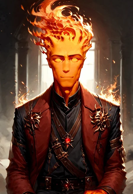 score_9, score_8_up, score_7_up, intricate details, rating_questionable,
<lora:dvr-gs:0.8>, dvr-gs, <lora:firehuman:1>,
1man(firehuman, fiery body, solo, cowboy shot, looking at the viewer, red iris, happy, bodybuilder, ), black background,
<lora:ral-chrosc-clr:0.5>, ral-chrosc-clr,
<lora:Expressive_H:0.5>
<lora:xl_more_art-full_v1:0.3>,
<lora:add-detail-xl:0.3>,