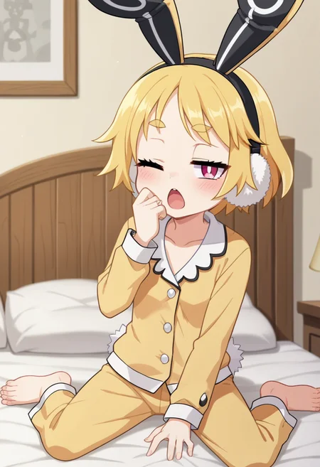 score_9, score_8_up, score_7_up, score_6_up, score_5_up, score_4_up, rating_safe, anime coloring ,BREAK source_anime, anime,screencap,
1girl, solo,usalia, fake rabbit ears, black hairband, jitome, pajamas, pajama shirt, pajama pants, yellow pajamas, white earmuffs, rabbit tail, <lora:PonyXL Usalia V2:0.9>
indoors, looking at viewer, bedroom, bed, sitting on bed, sleepy, yawning, one eye closed,