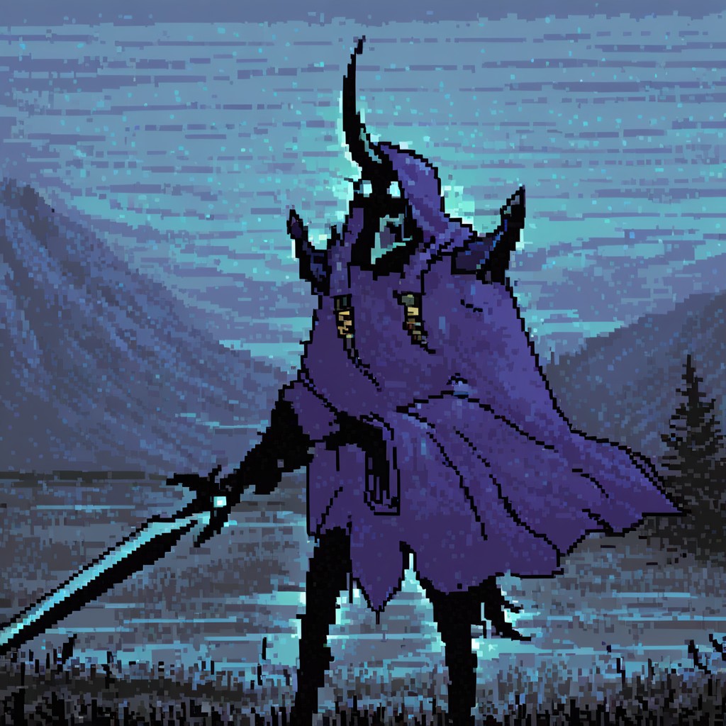 score_9, score_8_up, score_7_up, score_6_up, score_5_up, score_4_up, mountain, fog, ocean, pixel, BREAK abaddonpdxl, 1boy, ((solo)), cloak, hood, hooded face, single horn, glowing eyes, male focus, standing, shadow skin, silhouette skin, looking at viewer,( <lora:1.1):Abaddon_the_Lord_of_Avernus_-_Dota_2:0.8>, ShadowPerson, colored skin, faceless, <lora:ShadowPerson:0.4>, (bulge:0.8), <lora:test-v2b-simple-xl:0.7> sword, holding, holding weapon, horseback riding, shadow skin, shadow face, glowing, blue horse, blue fur, glowing, tail, horse armor, spirit, glowing fur, armor, shoulder armor, cloak, hood, hooded face, single horn, glowing eyes