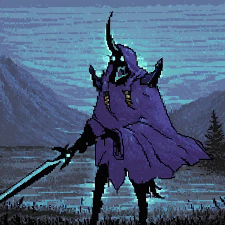 score_9, score_8_up, score_7_up, score_6_up, score_5_up, score_4_up, mountain, fog, ocean, pixel, BREAK abaddonpdxl, 1boy, ((solo)), cloak, hood, hooded face, single horn, glowing eyes, male focus, standing, shadow skin, silhouette skin, looking at viewer,( <lora:1.1):Abaddon_the_Lord_of_Avernus_-_Dota_2:0.8>, ShadowPerson, colored skin, faceless, <lora:ShadowPerson:0.4>, (bulge:0.8), <lora:test-v2b-simple-xl:0.7> sword, holding, holding weapon, horseback riding, shadow skin, shadow face, glowing, blue horse, blue fur, glowing, tail, horse armor, spirit, glowing fur, armor, shoulder armor, cloak, hood, hooded face, single horn, glowing eyes