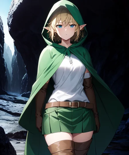 ryu, 1girl, elf, short hair, thigh boots, elbow gloves, green cape, white shirt, hooded cloak, cowboy shot, dark, cave background, aesthetic, masterpiece, perfect anatomy, atmospheric, majestic, highres, superb, extremely detailed, intricate, realistic lighting, 4k, (solo:1.2), cute, semi-realistic, official art, <lora:ryuv2:0.65>