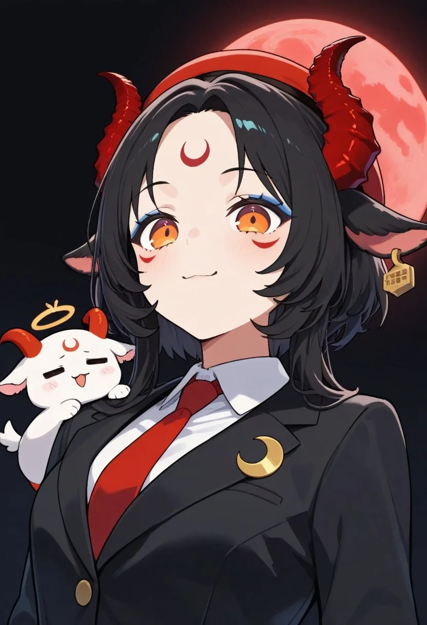 masterpiece, amazing quality, HD32K,
BREAK
only chibi, 1girl, solo, black background, open eyes, simple background, portrait, chibi, upper body, big eyes, curious cat pupils, UwU, catmouth, smug,presumptuous and conceited
BREAK
score_9, score_8_up, score_7_up, source_anime, 1 girl, animal ears, red horns, 1girl, facial tattoo, animal ears, black hair, forehead mark, jewelry, earrings, orange eyes, gray marks bellow eyes, blue eyeliner, forehead tattoo, red moon mark on forehead,short hair,  horizontal pupils, facepaint, long hair, demon girl, demon horns, crescent facial mark, goat horns, black goat ears
BREAK
red necktie, red hat bow, black headwear, white shirt, black suit, black jacket, formal, collared shirt, long sleeves, borsalino hat,
BREAK
eyes narrowed in anger, curious cat pupils, UwU, catmouth, smug, presumptuous, hll style