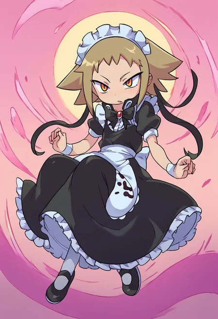 score_9, score_8_up, score_7_up, score_6_up, source_anime,
maid, oversized clothes, frills, white frills shirt, long shirt, puff sleeves, short sleeves, white sleeves, black bow tie, bow tie brooch, maid headdress, maid apron, white tights, black shoes
1girl,<lora:Possession_Medusa:1> MiniMedusa,