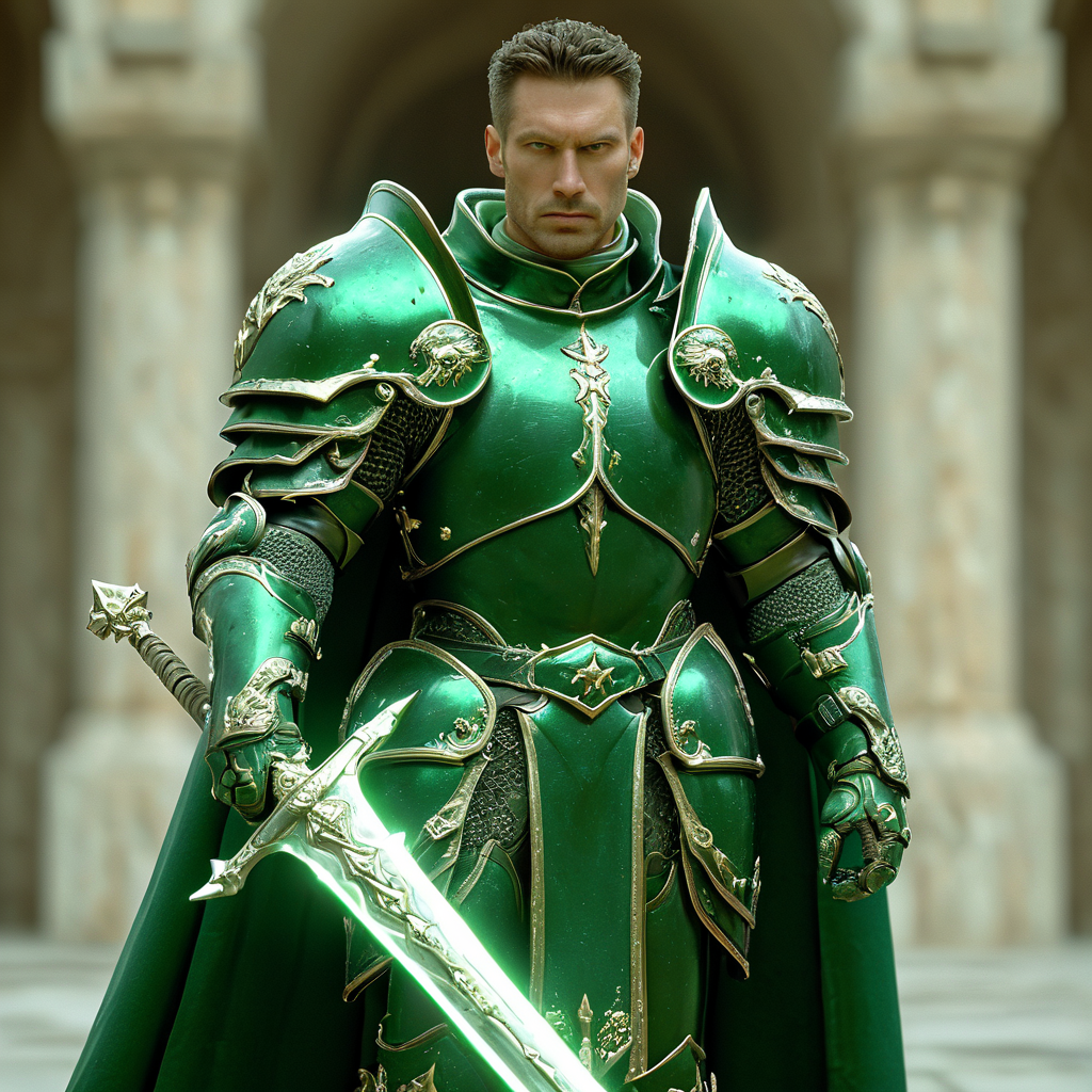 1man. male, solo, wearing green armor, holding white weapon infront of him, holding sword, cape, HKStyle, HD, masterpiece, best quality, hyper detailed, ultra detailed, realistic image