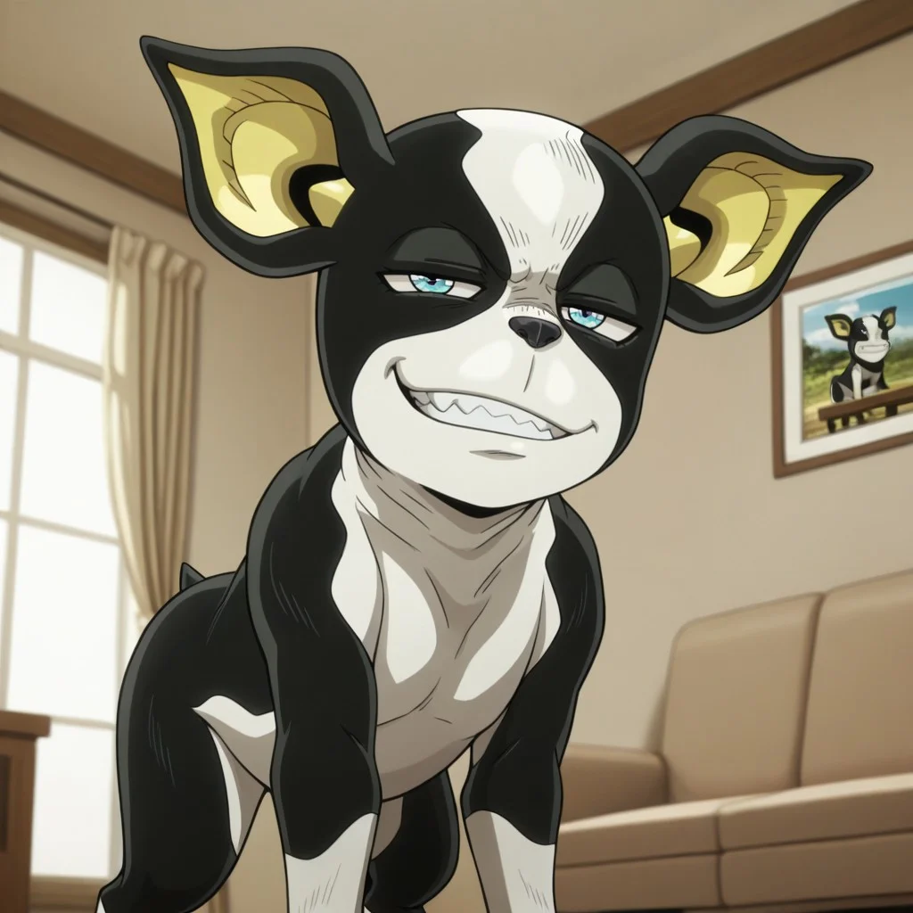 masterpiece, best quality, amazing quality, iggy, male, feral, furry male, solo, black fur, white fur, two-tone fur, yellow ears, blue eyes, black nose, paw pads, smirk, narrowed eyes, teeth, looking at viewer, indoors, living room