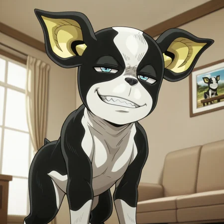masterpiece, best quality, amazing quality, iggy, male, feral, furry male, solo, black fur, white fur, two-tone fur, yellow ears, blue eyes, black nose, paw pads, smirk, narrowed eyes, teeth, looking at viewer, indoors, living room