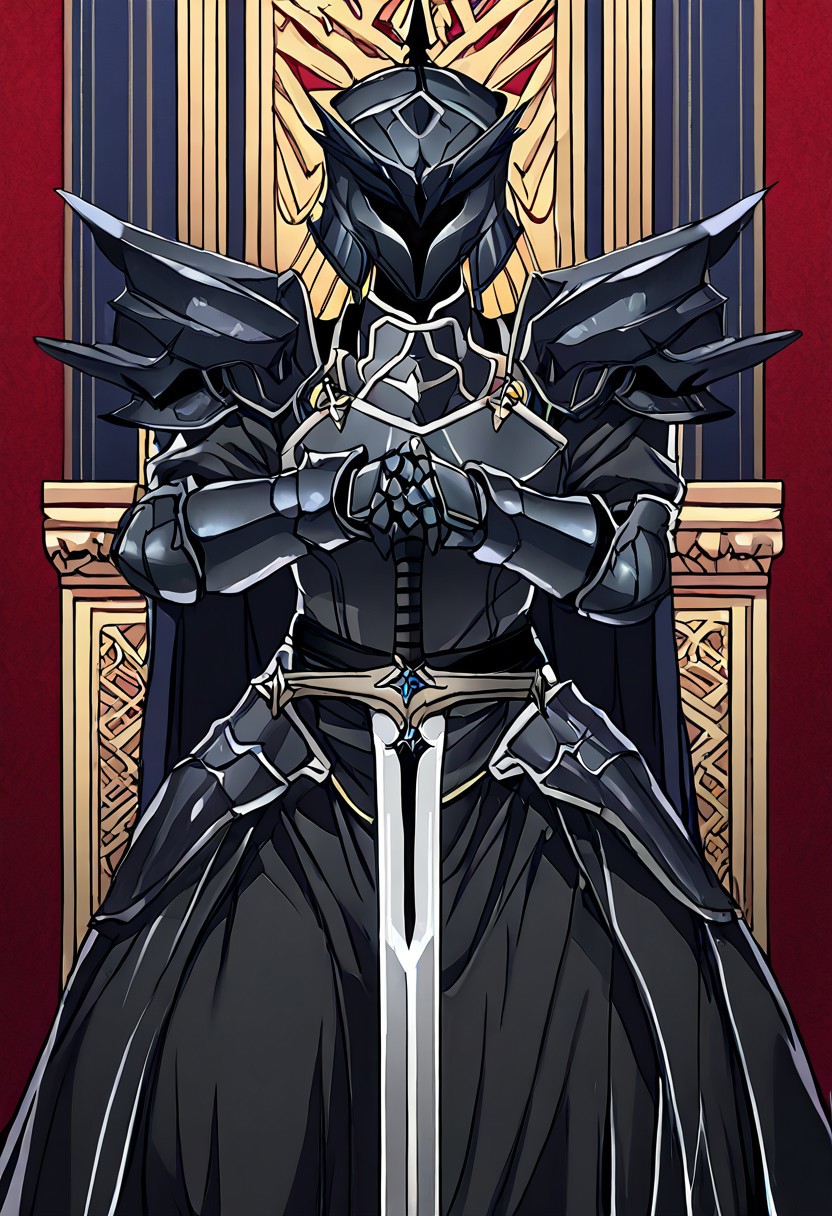 score_9, score_8_up, score_7_up, source_anime, BREAK, easynegative, FastNegativeV2, EasyNegativeV2, almualim, 1male, solo, young, anime, mature, young, adult, BODY, SLIM WAIST, SOLO, legs, body mature, and adult, legs
1boy,
DARK GRAY ARMOR, FULL COLOR,
Black armor, full black armor, Dragon head on helmet, Dark blue cape behind his back. black Cape , D
Blue Dark, seating on the throne, Mask fix, helmet fix, no mutant, perfect, Black helmet, two wings on helmet, fix helmet, perfect, hidden face, 
medium hilt sword, both hands grip the hilt sword
Hand
detailed
perfect
perfection
hands
arm0rs3nt1n3l, flat crusader helmet, knight
Faceless, face covered, back stands and seat on the throne, both-hand-hilt, planted sword, hands on hilt, holding sword, Black sword, long sword,
Black Knight, helmet, gauntlets, black plate armor, sword, black two wings of eagle on helmet, shoulder armor, Black battle uniform,  cross, black shouders amor, black waist plate armor, black long skirt, black flat breastplate armor, thighthight, legs, skirt battle armor, waist armor, plate armor, Blue battle uniform cloths, dragon scales armor, dragon head helmet forehead