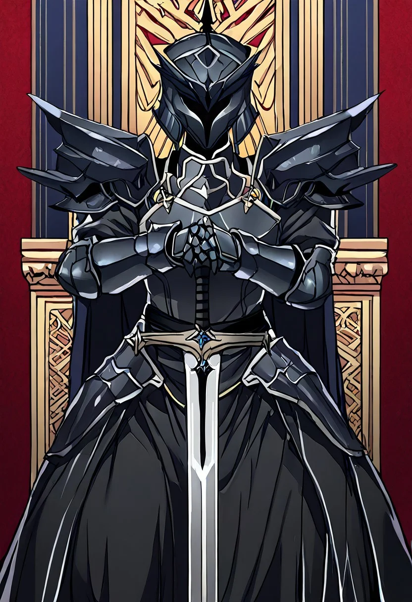 score_9, score_8_up, score_7_up, source_anime, BREAK, easynegative, FastNegativeV2, EasyNegativeV2, almualim, 1male, solo, young, anime, mature, young, adult, BODY, SLIM WAIST, SOLO, legs, body mature, and adult, legs
1boy,
DARK GRAY ARMOR, FULL COLOR,
Black armor, full black armor, Dragon head on helmet, Dark blue cape behind his back. black Cape , D
Blue Dark, seating on the throne, Mask fix, helmet fix, no mutant, perfect, Black helmet, two wings on helmet, fix helmet, perfect, hidden face,
medium hilt sword, both hands grip the hilt sword
Hand
detailed
perfect
perfection
hands
arm0rs3nt1n3l, flat crusader helmet, knight
Faceless, face covered, back stands and seat on the throne, both-hand-hilt, planted sword, hands on hilt, holding sword, Black sword, long sword,
Black Knight, helmet, gauntlets, black plate armor, sword, black two wings of eagle on helmet, shoulder armor, Black battle uniform, cross, black shouders amor, black waist plate armor, black long skirt, black flat breastplate armor, thighthight, legs, skirt battle armor, waist armor, plate armor, Blue battle uniform cloths, dragon scales armor, dragon head helmet forehead