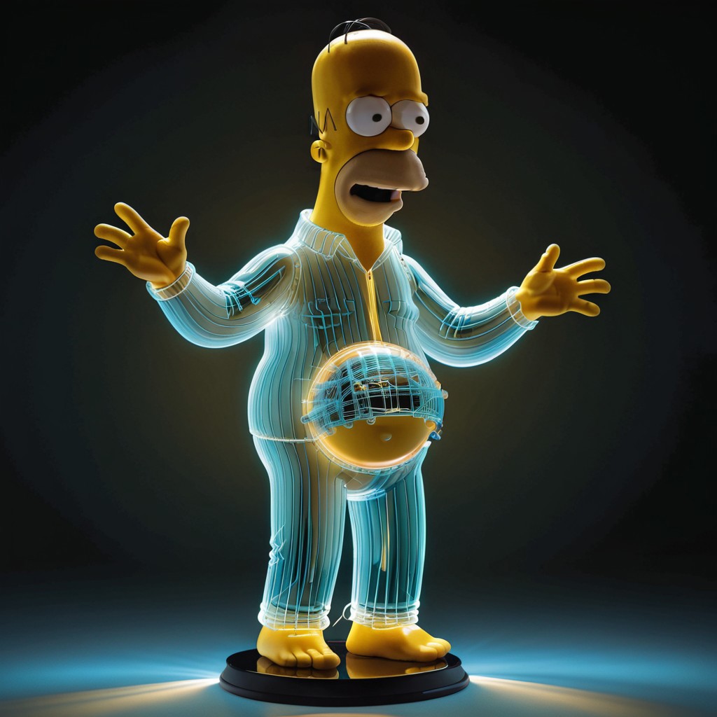 masterwork, realistic, photography, god rays, top lighting, Homer simpson backing up meme, Homer Simpson made of tiny neon glass filaments, award-winning, professional, highly detailed, w0gf1l