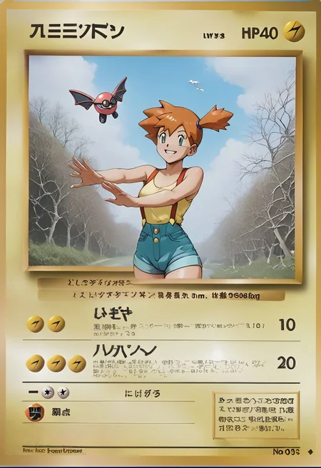 (elec), detailed, pkmn, score_9, score_8_up, score_7_up, photo, absurdres, textbox, pkmkard, 1Futanari, Misty from pokemon,oiled skin, smile, floating, arms spread out, elec