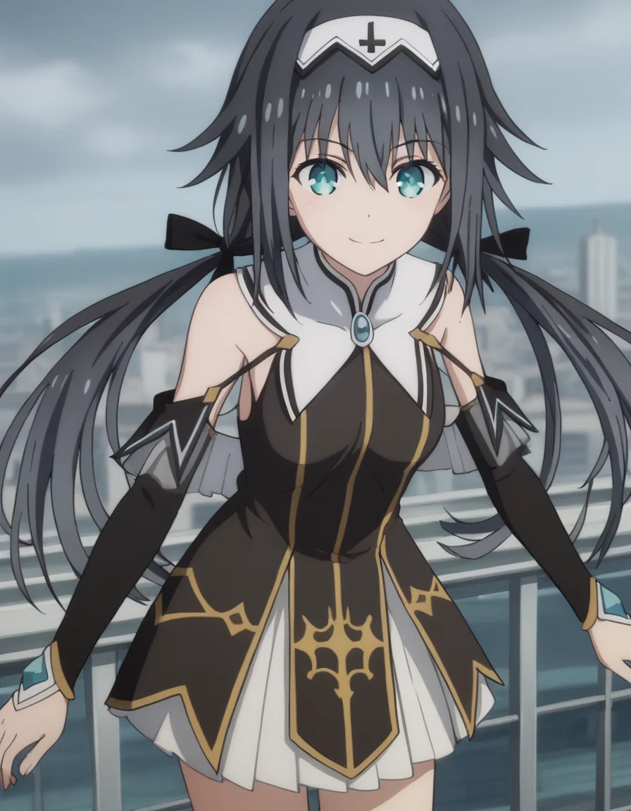 score_9, score_8_up, score_7_up, source_anime,
nibelcole, <lora:nibelcole-s4s5-ponyxl-lora-nochekaiser:1>,
nibelcole, long hair, blue eyes, black hair, hair between eyes, twintails, very long hair, hairband, low twintails, white hairband,
skirt, detached sleeves, sleeveless, white skirt, black sleeves,
cityscape, bent over, smile,
looking at viewer, solo, cowboy shot, dutch angle,