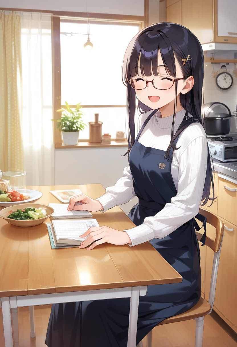 score_9, score_8_up, score_7_up, rating_safe, masterpiece, best quality, absurdres, unity 8k wallpaper, official art, official style, source_anime, uncensored, game cg, megami magazine,
1girl, solo, glasses, black hair, long hair, white ribbed sweater, black apron,  happy, smile, looking at viewer, closed eyes, open mouth, own hands together,
JPkitchen, calendar (object), chair, indoors, scenery, window, sink, table, lamp, kitchen, curtains, cabinet, clock
<lora:JP_kitchen_PONY_V1:1>