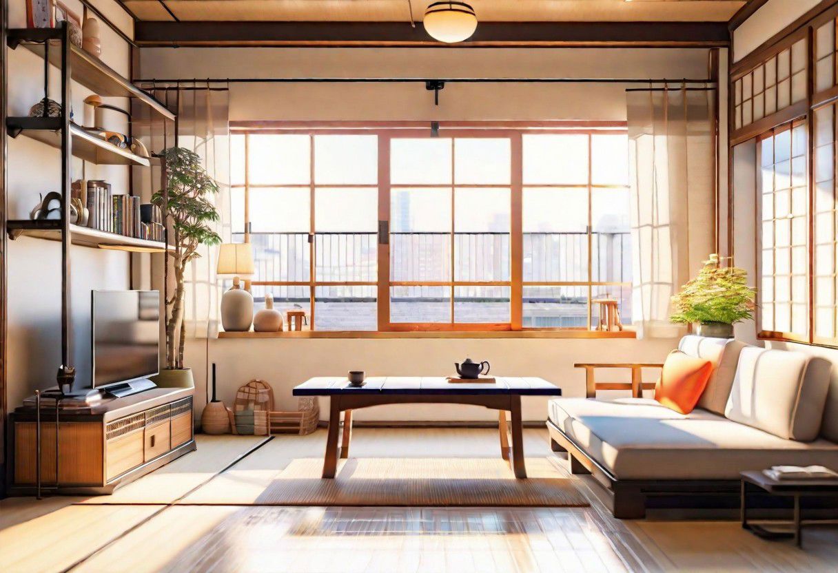 ((front view)), ((Japanese animation style)), modern-style interior, with white walls, (large windows), Nordic-style furniture, a  study, Sofa, coffee table, bookcase, single wall, 
warm light morning sun, (the view of the city)