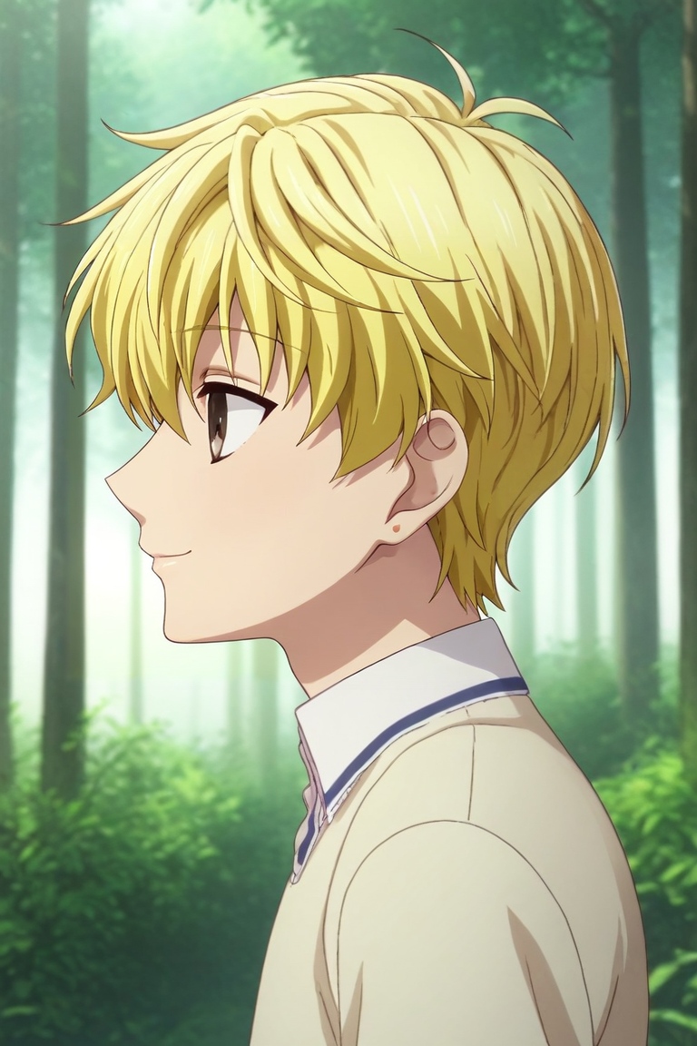 score_9, score_8_up, score_7_up, , rating_safe, intricate details, (3d:0.4), , , 1boy, solo, male focus, <lora:momiji_souma_pony:0.74>, momiji_souma, blonde hair, brown eyes, short hair, aged down, from side, forest, noon, arms behind head, smile, , <lora:sdxl_lightning_8step_lora:1>