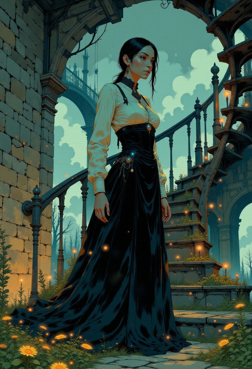 The Shadow Duchess
"A Gothic noblewoman stands at the top of an ancient spiral staircase, her velvet gown trailing behind her like liquid shadow. A lace choker adorned with a black sapphire rests on her throat, and her cold, piercing gaze watches from beneath a delicate black lace veil. Candles flicker around her, casting ghostly silhouettes along the stone walls."