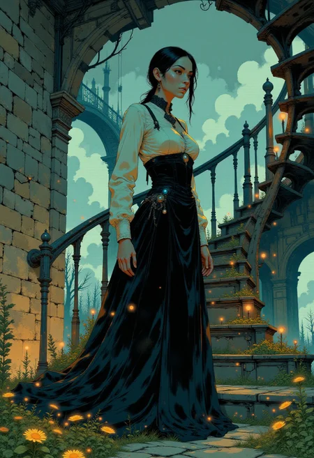 The Shadow Duchess
"A Gothic noblewoman stands at the top of an ancient spiral staircase, her velvet gown trailing behind her like liquid shadow. A lace choker adorned with a black sapphire rests on her throat, and her cold, piercing gaze watches from beneath a delicate black lace veil. Candles flicker around her, casting ghostly silhouettes along the stone walls."