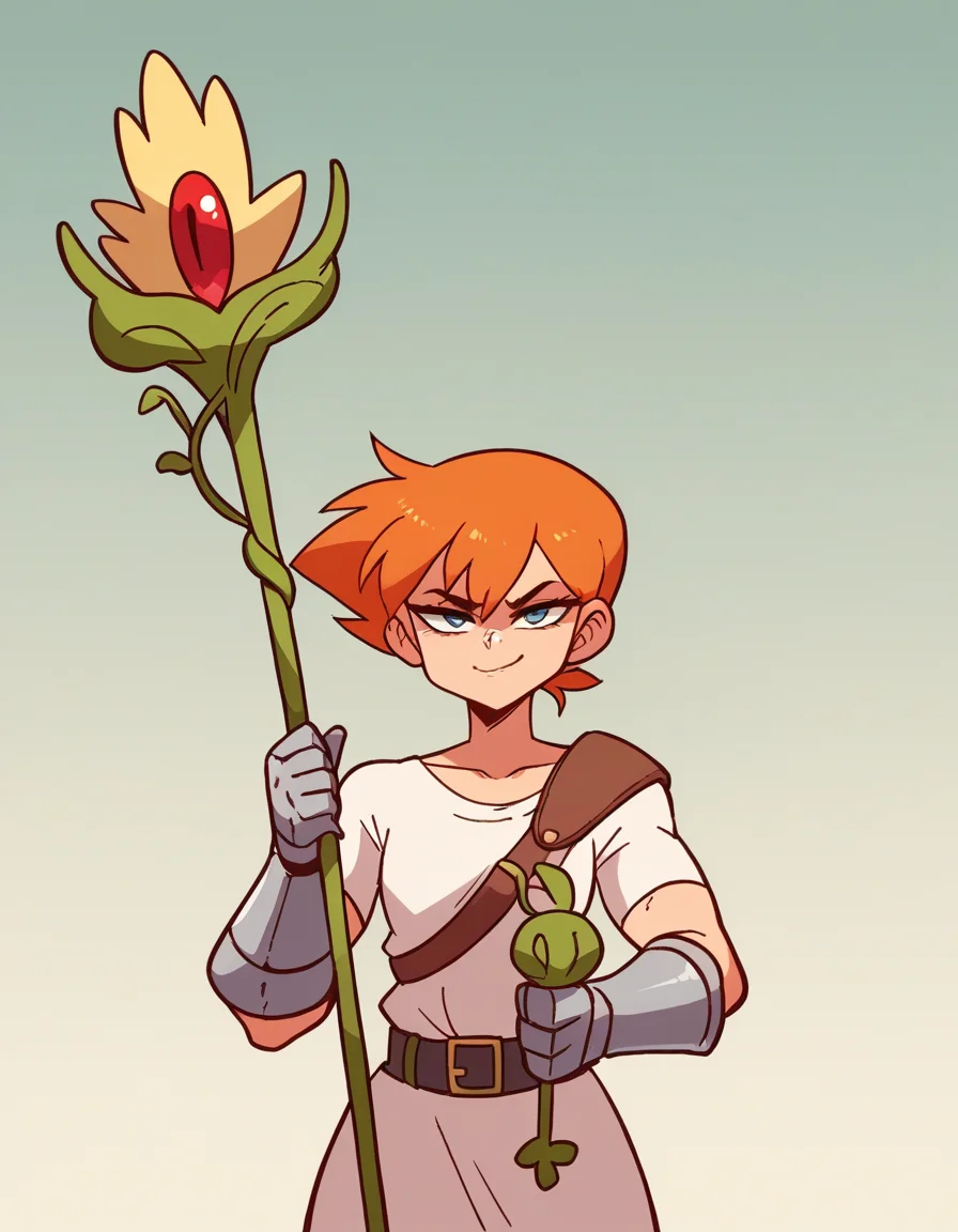 zPDXL, score_9, score_8_up, score_7_up, source_anime, 1girl, solo,
 <lora:diives_v2-20:1> diives, (portrait), Pokemon, Misty, flat chest, orange hair, smirk, shoulder carry, (roman soldier) centurion, wearing Imperial Gallic helmet with transverse crest, lorica segmentata, white tunic, leather belt with scabbard, iron greaves, caligae, holding vine staff with brass knob