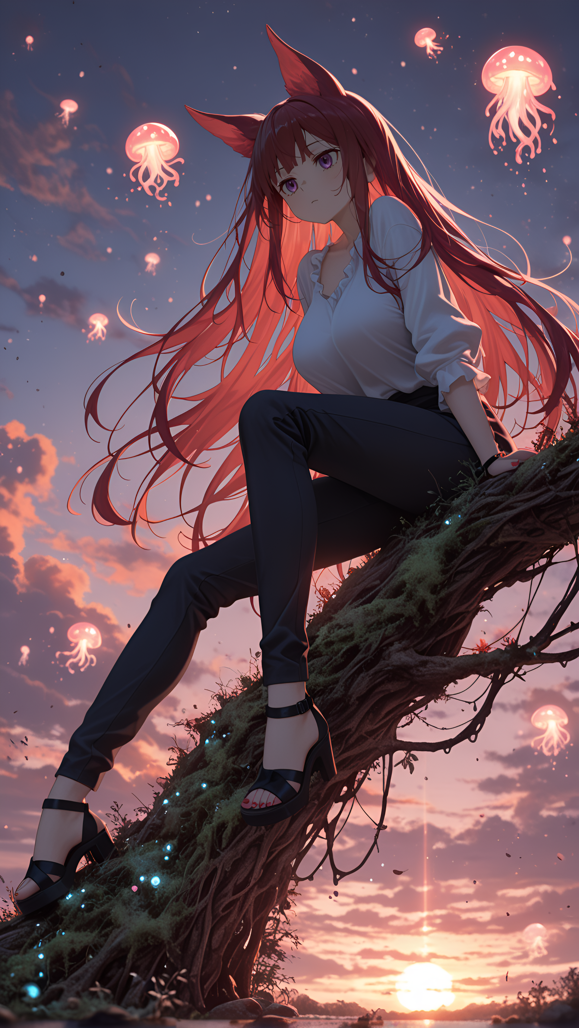strappy_heels, early morning, palazzo_pants, anime character, sunset, slime_(creature), nail_polish, draped_blouse, absolutely eye-catching, light skin, large breasts, newest, Naomi Tanizaki (Bungou Stray Dogs), glowing fungi and moss, amazing quality, Half-and-half hair, group, fox_ears, ambient occlusion, nighttime., very aesthetic, motion_lines:1.1, depth of field, Sitting on the edge of a bed with feet dangling., sandals, best quality, glow, macro scene, Bioluminescent forest floor, ultra-detailed, 8K, arm_cuff, masterpiece, hanging breasts, motion_blur:1.1, straight hair, HDR, polarized, Cthulhu Spawn, long hair, 1girl, epic composition, Plum Theme, stormy, absurdres
