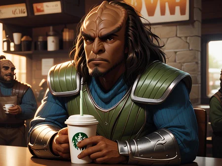 at a cafe drinking a latte <lora:Klingon_v2_pony:1> score_9,score_8_up,score_7_up,score_6_up,score_5_up,score_4_up , 1man, kling0n alien, large forehead ridges, brown skin, large eyebrows, wearing warrior armor,