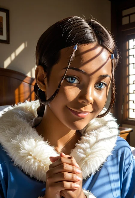 score_9, score_8_up, score_7_up, realistic, realism, HD, perfect quality, 16k, very detailed, realistic lighting, detailed face, BREAK, (((good_hands))), (((perfect eyes, bedroom eyes, (light smile:0.5)))), BREAK, solo, 1girl, (((Katara-BookWater, blue eyes, short hair, brown hair, hair ornament, dark skin, dark-skinned female))), eye_focus, ((medium breasts, big ass)), (bedroom eyes), looking at viewer, nervous, seductive, sensual, medium body size, slightly small neck, plumb body, voluptuous hips and thighs, curvy body size, microwaist, (feminine body, soft body:1.5), BREAK, dark skin, blue eyes, smile, hair ornament, brown hair, upper body, 1girl, dark-skinned female, closed mouth, male focus, hairclip, short hair, dark-skinned male, 1boy, black hair, fur trim
