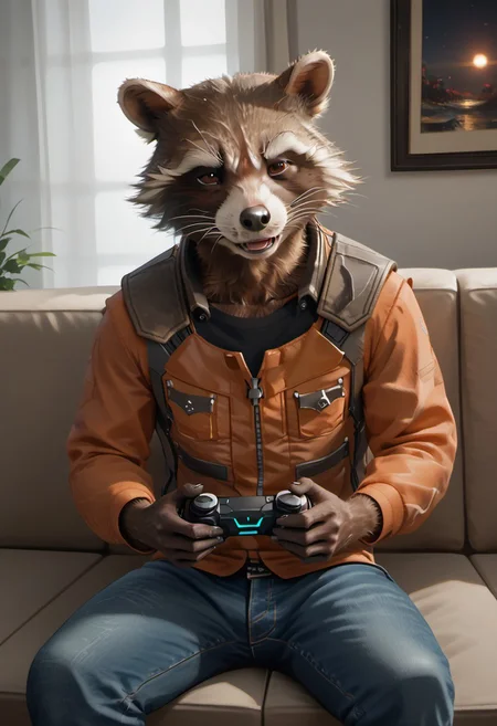 score_9_up, score_8_up, score_7_up, masterpiece, best quality, amazing quality, very aesthetic, absurdres, newest,  high quality, detailed, male, solo male, Rocket Raccoon, 1boy, mature male, male, athletic build, anthro, raccoon, black and brown fur, animal ears, brown eyes, sitting on couch, indoors, home, modern living room, black shirt, orange jacket, jeans, holding game controller in both hands, playing vidoe games
