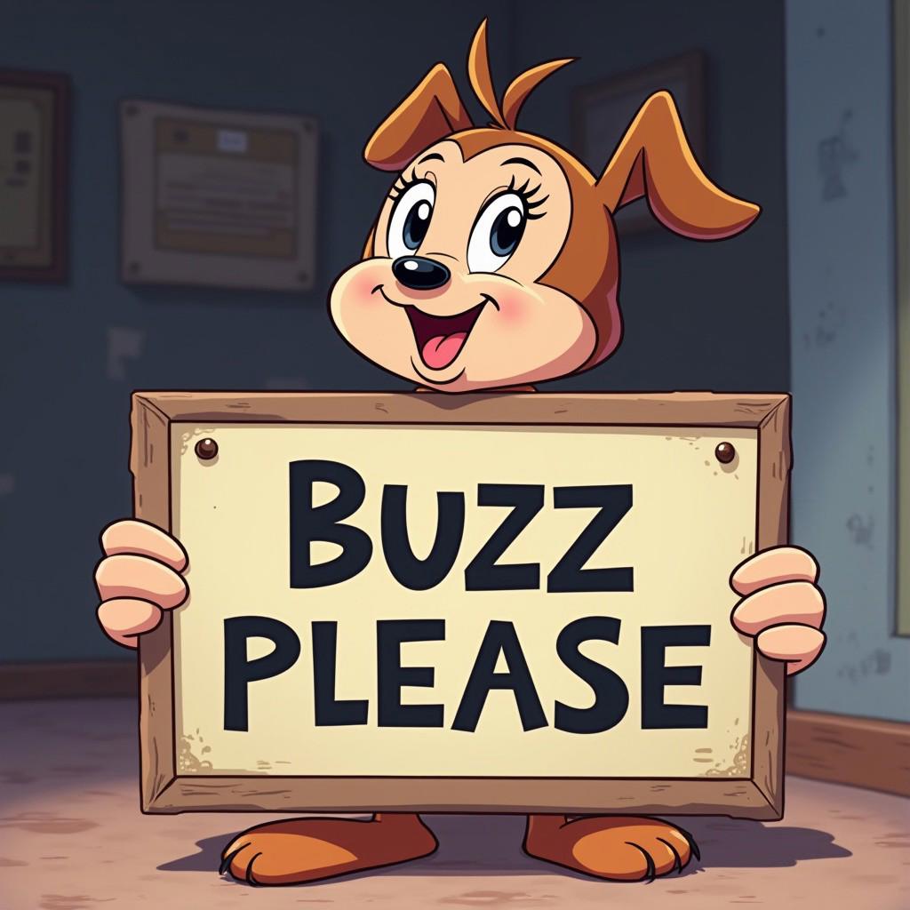 random disney character  holding sign "buzzz please",  disney anime style