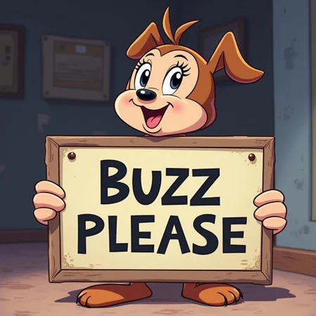 random disney character holding sign "buzzz please", disney anime style