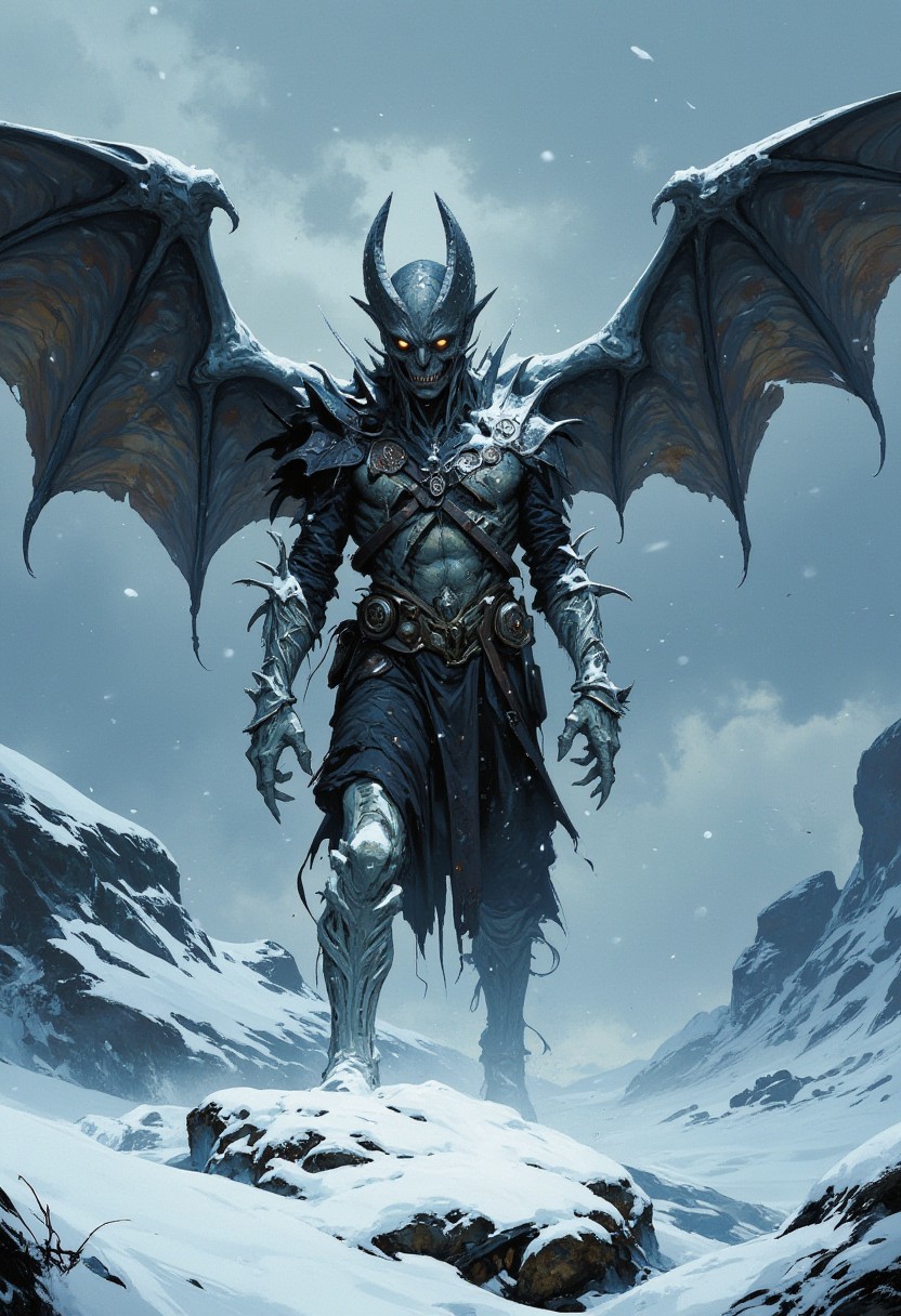 score_9, score_8_up, score_7_up, boris vallejo style, frank frazetta style, 8k high quality digital painting, masterpiece, very detailed, ultra realistic, (best quality) very detailed epic masterpiece, detailed face, a Frankenstein-like zombie monster with big leather wings, stands in a heavy snowstorm and looks over, slightly hunched posture, glowing eyes, very menacing, ragged outfit, difficult to see through the heavy snowstorm, wind blows across the terrain, snow spreads across the ground in large plumes swept, blizzard, scary, frightening, full body, realistic, realism,