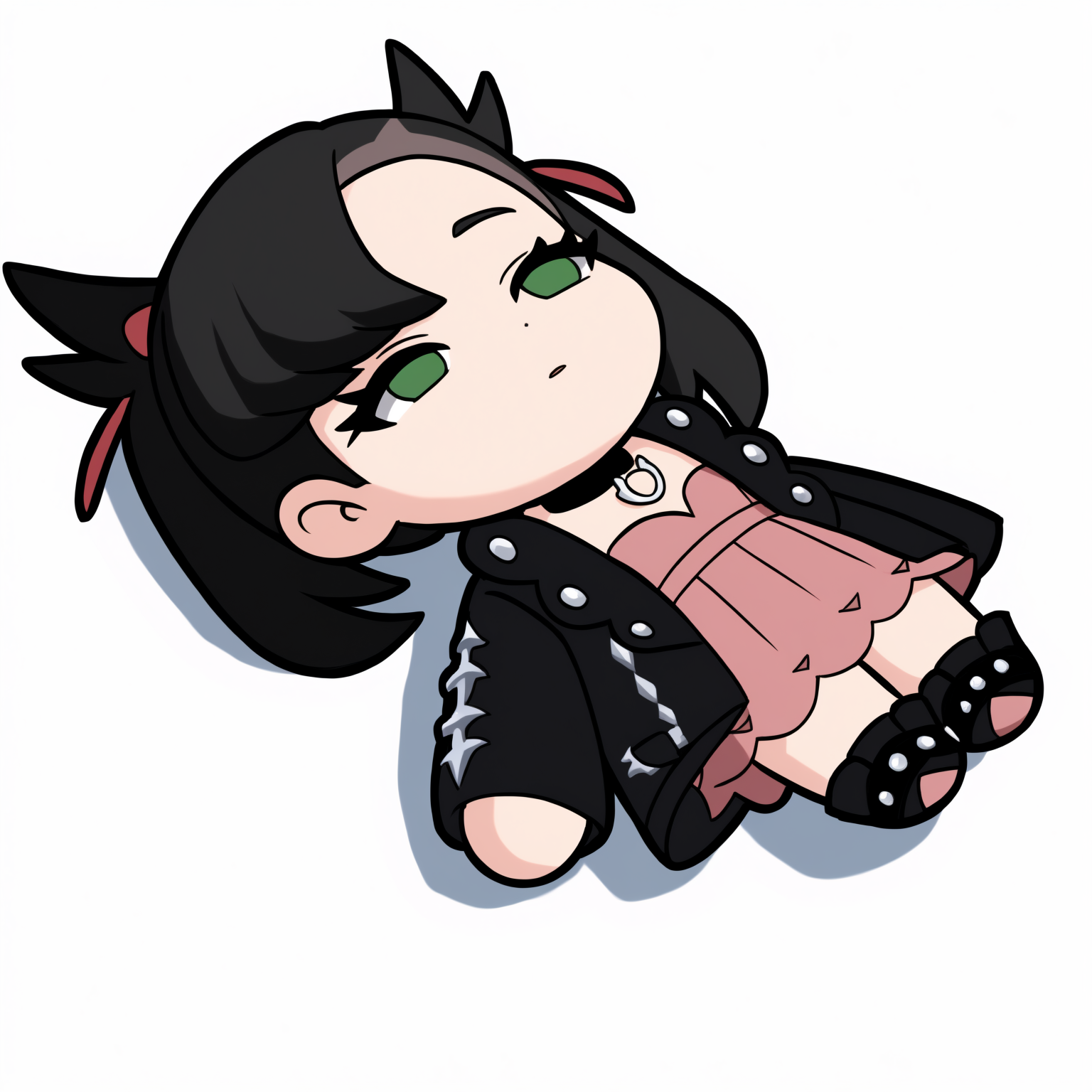 masterpiece, best quality, newest, chibi, full body, lying, on back, empty eyes, solo, 1girl, m4rn1edef, medium hair, black hair, asymmetrical bangs, twintails, undercut, hair ribbon, red ribbon, green eyes, eyelashes, black jacket, leather jacket, open jacket, long sleeves, short dress, pink dress, black footwear, ankle boots, pendant choker, black choker, simple background, white background