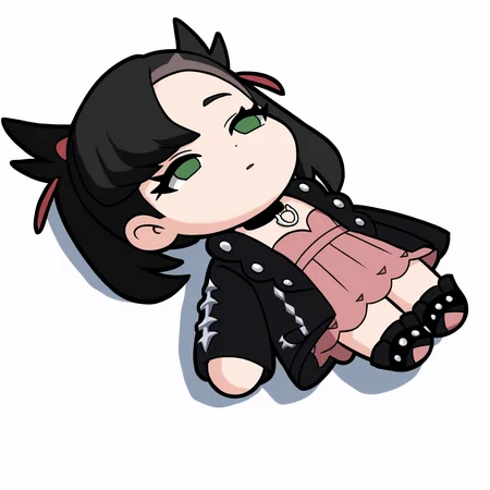 masterpiece, best quality, newest, chibi, full body, lying, on back, empty eyes, solo, 1girl, m4rn1edef, medium hair, black hair, asymmetrical bangs, twintails, undercut, hair ribbon, red ribbon, green eyes, eyelashes, black jacket, leather jacket, open jacket, long sleeves, short dress, pink dress, black footwear, ankle boots, pendant choker, black choker, simple background, white background