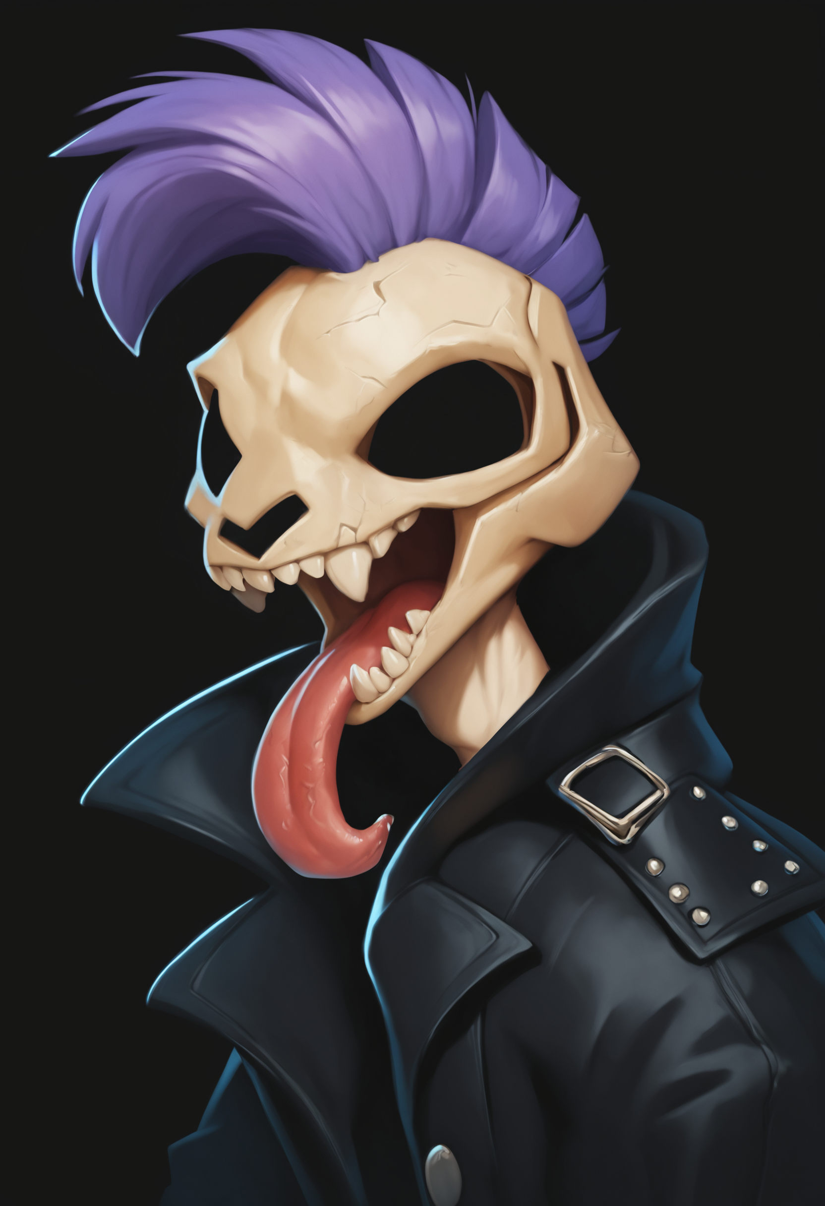 <lora:Zazu-a:1> hattiezazu, digital art, soft light, score_9, score_8_up, score_7_up,  score_6_up, score_5_up, score_4_up, 1boy, solo, [cat | pug] skull head, extremely long split tongues, fangs, head closeup, purple mohawk hair, black leather coat, neck veins, black background,