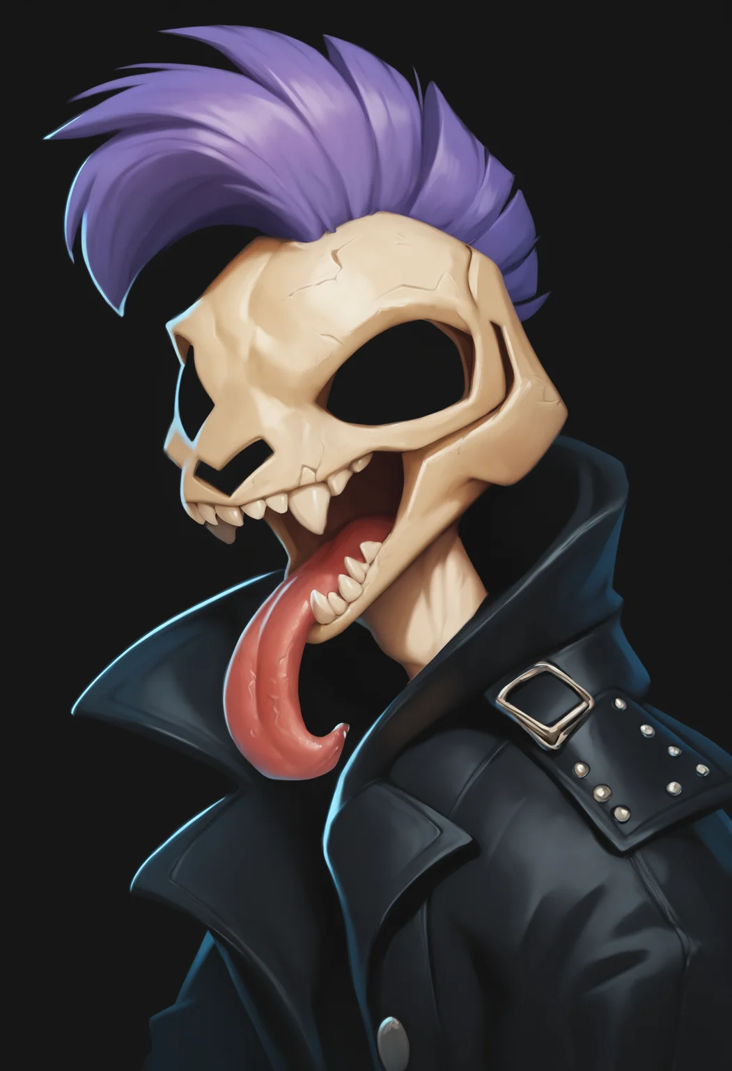 <lora:Zazu-a:1> hattiezazu, digital art, soft light, score_9, score_8_up, score_7_up,  score_6_up, score_5_up, score_4_up, 1boy, solo, [cat | pug] skull head, extremely long split tongues, fangs, head closeup, purple mohawk hair, black leather coat, neck veins, black background,