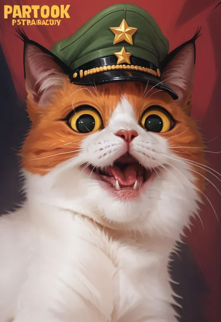 score_9, score_8_up, score_7_up, score_6_up, score_5_up, score_4_up, BREAK (childish crayon drawing, propaganda portrait of very happy comrade cat with red black star gradient background), ginger cat, green soviet peaked cap, background of red star shape, star gradient, red, black, propaganda poster, muted colors