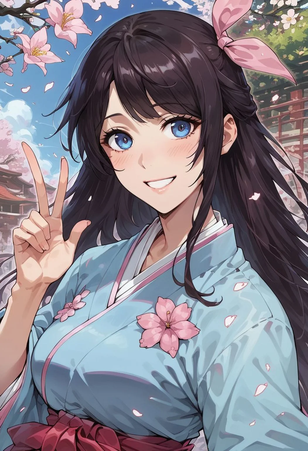score_9, score_8_up, score_7_up, score_6_up, score_5_up, score_4_up, sexy girl,  detailed face, sexy, 
Expressiveh, Sakura_Amamiya,black_hair,Blue_eyes,blue_kimono,hair_ribbon,pink_hakama,japanese_clothes, solo, solo female, garden, frontal view, looking at viewer, smile, V, happy,