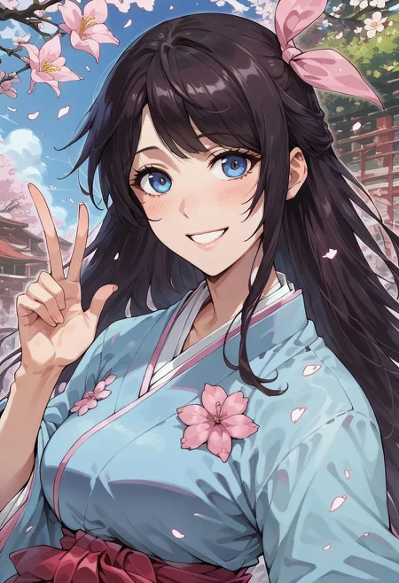 score_9, score_8_up, score_7_up, score_6_up, score_5_up, score_4_up, sexy girl, detailed face, sexy,
Expressiveh, Sakura_Amamiya,black_hair,Blue_eyes,blue_kimono,hair_ribbon,pink_hakama,japanese_clothes, solo, solo female, garden, frontal view, looking at viewer, smile, V, happy,