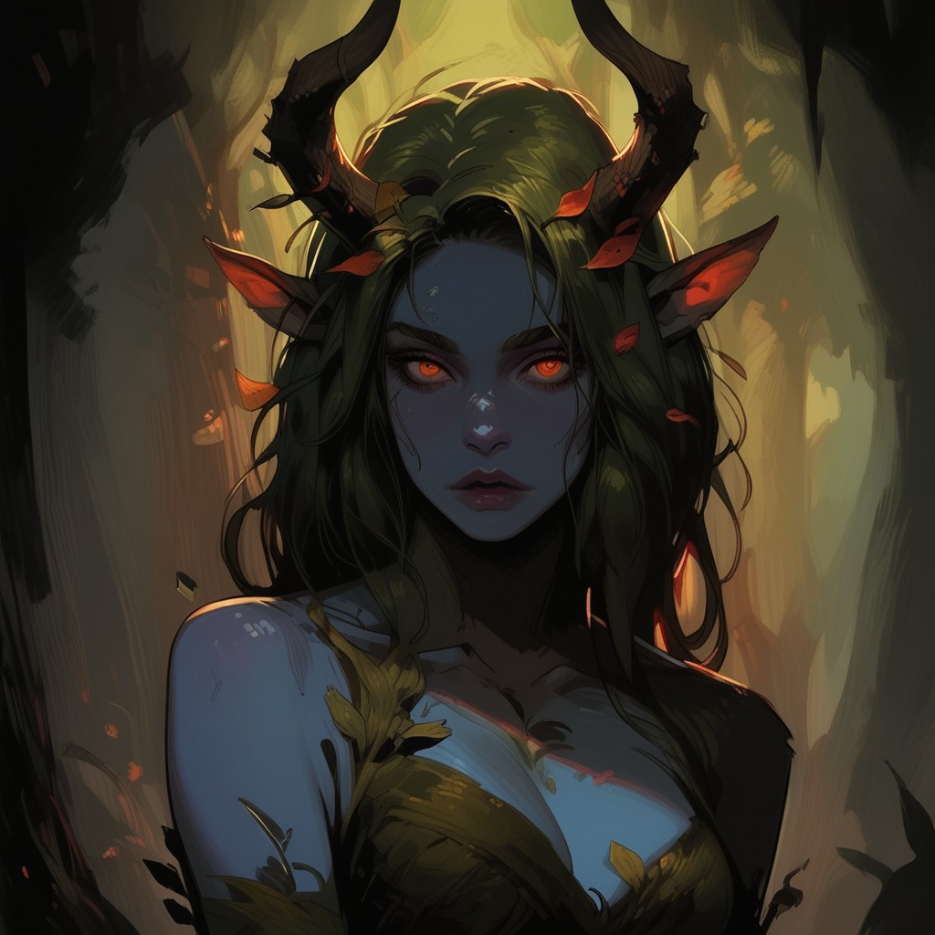 score_9, score_8_up, score_7_up, NHstyle BREAK, 1woman, cowboy-shot, dramatic lights, clear eyes, sharp eyes, high quality eyes, high resolution eyes, detailed eyes, looking at viewer, eye contact, ((Dryad, Faun, Satyr,, beautiful, detailed face, beautiful face, blue skin, horns, golden eyes, green hair, leaves in hair, leaves, wooden horns))