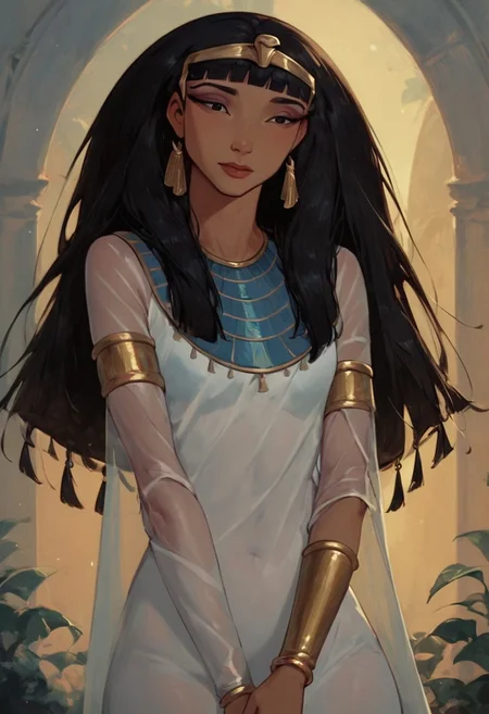 score_9, score_8_up, score_8, score_9_up, Queen Tuya, eyeshadow, long hair, black hair, blunt bangs, black eyes,egypt clothes, white robe, transparent clothes, white silk, gold jewelry, bracelets, headwear, gold headband,