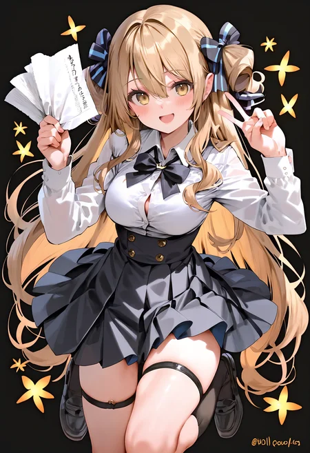 score_9,score_8_up,score_7_up,<lora:PDFA_Style6559515941d2a06gas10-000525:0.8>,1girl,solo,bangs,blush,smile,looking at viewer,:d,black bow,black footwear,black skirt,bow,breasts,brown hair,character name,collared shirt,dress shirt,hair between eyes,hair bow,hand up,high-waist skirt,holding paper,kneehighs,loafers,long hair,long sleeves,medium breasts,miniskirt,open mouth,pleated skirt,shirt,shoes,skirt,standing,thigh strap,very long hair,white shirt,yellow eyes