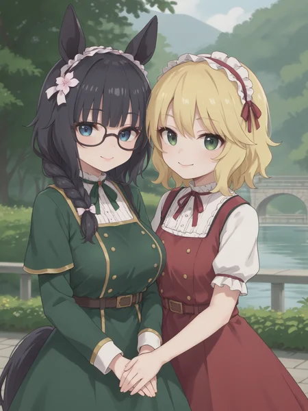 score_9, score_8_up, score_7_up, BREAK 2girls, portrait, from front, looking at viewer, smile,
ADDCOMM
1girl, green dress,
ZennoRobRoy, horse girl, horse ears, horse tail, jitome, tareme, black hair, braid on bangs, hair flaps, sidelocks_on_ribbons, bangs, single braid, horizontal braid bangs, flower hair ornament, black boston glasses, (blue eyes), large breasts, covered ears, hair covering ears,
ADDCOL
1girl, red dress, rose dress,
sakurai momoka, blonde hair, green eyes, bangs, short hair,wavy hair,
<lora:sakuraimomoka_pony_v1_1:0.6> <lora:sdxl-um-zennorobroy:0.8> , <lora:neg4all_bdsqlsz_xl_V91:1>, <lora:hand 4:1> Hand, five fingers,