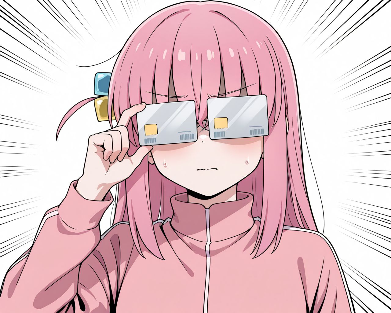 masterpiece, best quality, amazing quality, very aesthetic, absurdres, newest,
general, covered eyes, simple background, emphasis lines, adjusting eyewear, credit card, gotoh hitori,
1girl,
cardew, <lora:cardew01:1>