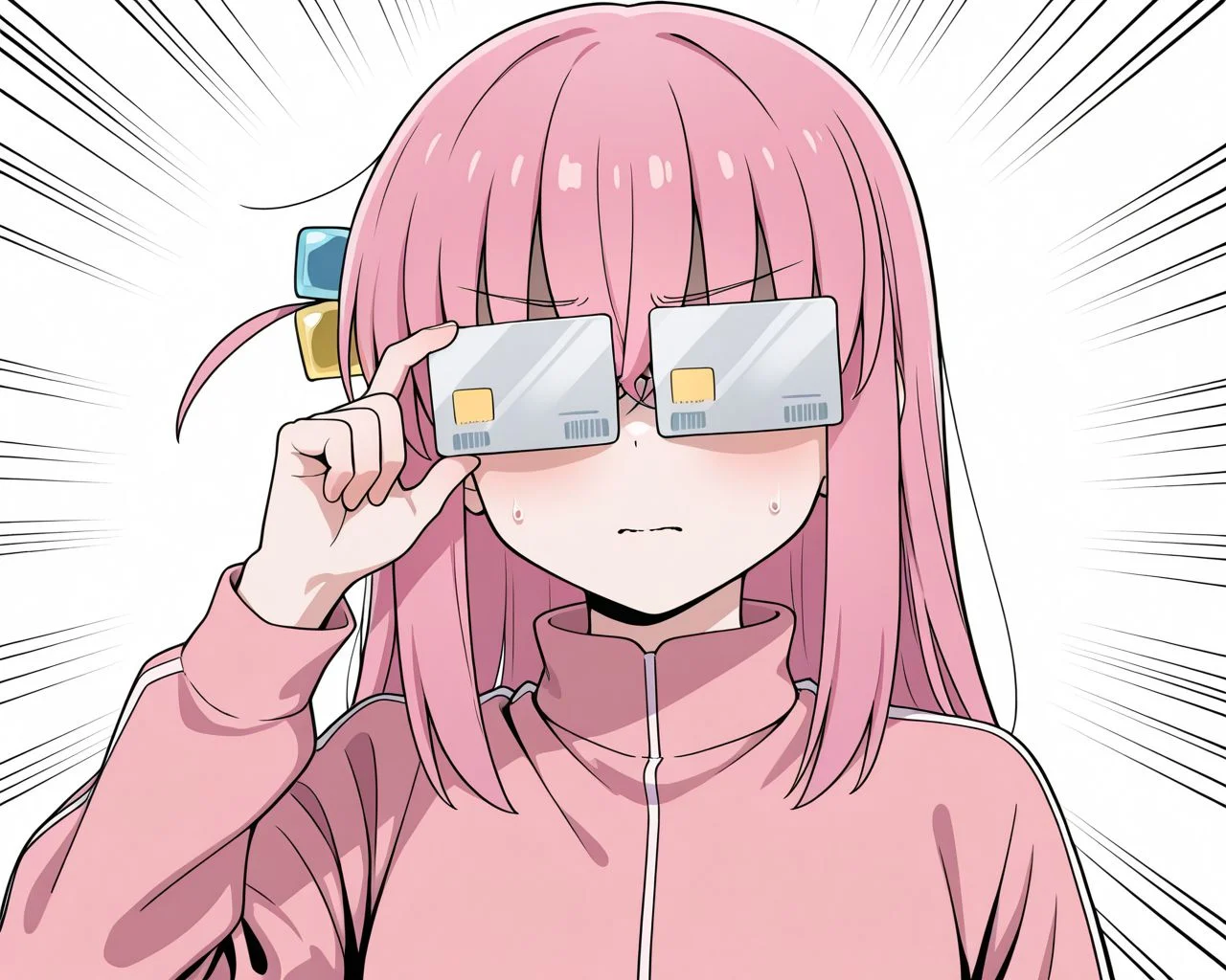 masterpiece, best quality, amazing quality, very aesthetic, absurdres, newest,
general, covered eyes, simple background, emphasis lines, adjusting eyewear, credit card, gotoh hitori,
1girl,
cardew, <lora:cardew01:1>