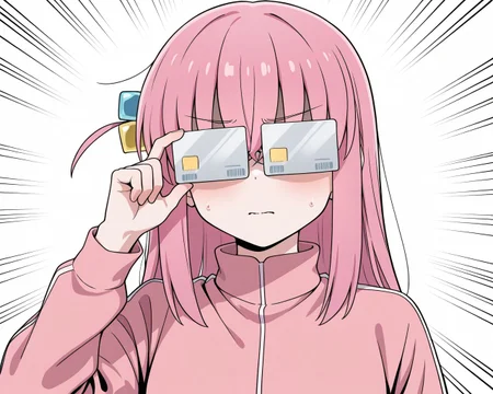 masterpiece, best quality, amazing quality, very aesthetic, absurdres, newest,
general, covered eyes, simple background, emphasis lines, adjusting eyewear, credit card, gotoh hitori,
1girl,
cardew, <lora:cardew01:1>