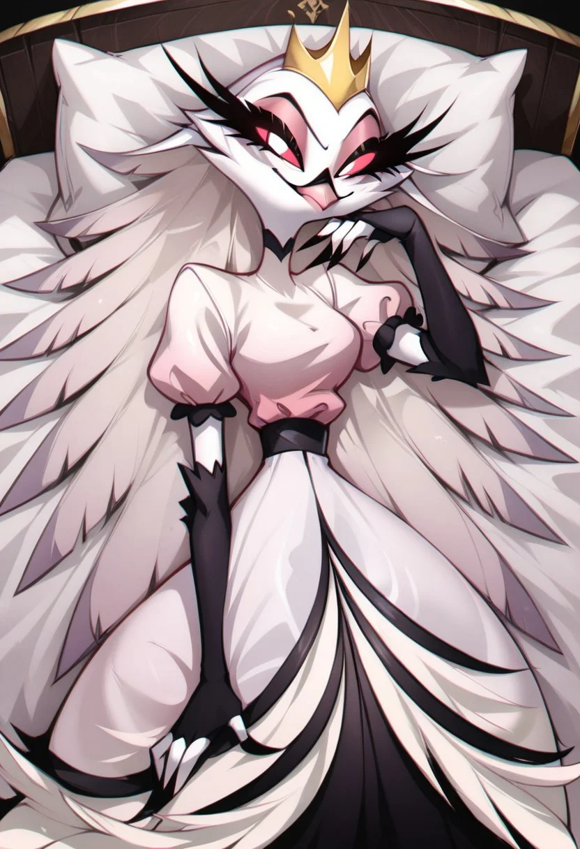 score_9, score_8_up, score_7_up, score_6_up, score_5_up, score_4_up, masterpiece, high quality, detailed, best quality, white bed, solo, rating_safe, source_furry, white bed, bedroom, looking at viewer, smiling, seductive, arm support, lying on bed, hand on own thigh, detailed eyes, 1girl, Stella \(Helluva Boss\), furry female, owl, demon owl, red eyes, white pupils, long eyelashes, white body, white feathers, feathers hair, long hair, eyeshadow, beak, pink beak, bird tail, tail feathers, white dress, puffy sleeves, puffy short sleeves, elbow gloves, black elbow gloves, golden crown, midriff, close up
