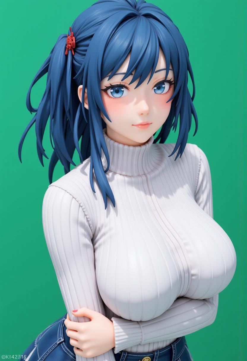 Headshots,masterpiece, a beautiful woman,Hyperrealistic, she is smiling, dynamic angles, multiple angles, photoshoot poses; A photo of Gussuma_Yukinoshita_Yukino-000001, a woman with blue hair, she has massive breasts, a beautiful girl,she is wearing a white turtleneck sweater.she has massive breasts, she has piercing eyes. a dynamic pose and a sense of action. simple green background, and the lighting is soft, creating a dramatic effect, creating a focused and dynamic pose.; the scene is set in a beautiful well-lit environment, with a sense of action and adventure. Style: realistic hyper-detailed rendering, 32k UHD, expressive eyes, punk, graphic design, girl's face, pretty and cute, gleaming lips, telling a tale of adventure. Exuding confidence and serenity. The overall mood of the image is happy and relaxed, detailed skin texture,(blush:0.2),(goosebumps:0.3), subsurface scattering,with a playful and whimsical tone,perfect hand, hand, detailed hand,niji style,retro50s_style,