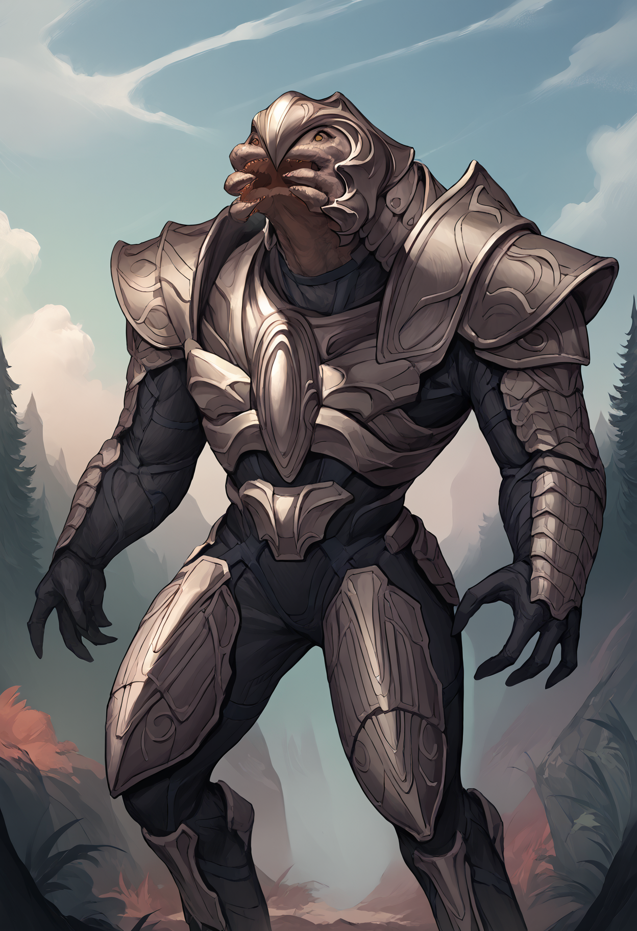 score_9, score_7_up, source_anime BREAK solo, standing, <lora:arbiter-halo-richy-v1_pdxl:1> arbiter, grey armor, shoulder armor, mandibles, outdoors, science fiction, head back, open mouth, [grey background::0.2], painting \(medium\),