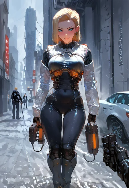score_9,score_8_up,score_7_up,source_anime, 1girl, (((master piece:1.2))),(((best quality:1.2))),(((ultra detailed))),(((1girl))),(((intricate))),(((anime screencap))),(((very aesthetic:1.2))),((( Cite 17 background))),(((absudres:1.2))),(((embroidered))),(((scenery))),((extremely detailed CG)),(dynamic angle:1.4),vensu bdy woman in sci fi outfit standing on deserted street holding gravity gun, 
BREAK,
half life (series), (android 18 reimagined as a scientist in hev suit from half life 2),breasts, 1girl, blonde_hair, blue_eyes, (dynamic pose:1.4), Cite 17 background, smile, solo, looking_at_viewer, detailled_background, blonde android 18_hair, blush, boots, gloves, standing, cowboy_shot, hev armor style, holding a crowbar, weapon, solo focus, holding, outdoors, covered navel, hev suit bodysuit
BREAK;
(intricate details:1.12), (intricate details, hyperdetailed:1.15), hdr, dystopian sci-fi city, (at day:1.2), cinematic, half life aesthetic, science aesthetic, ominous background, bimbo atmosphere, lustful atmosphere, gray and pastel theme, city background, ground vehicle, motor vehicle, car, building, electric cable, camera, sfw