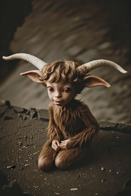 Cute epiCPhoto, of an scared little humanoid (Faun1024:1.36), very fluffy creature, bent down short horns, 3/4 view, fullbody, in detailed cave, at theme